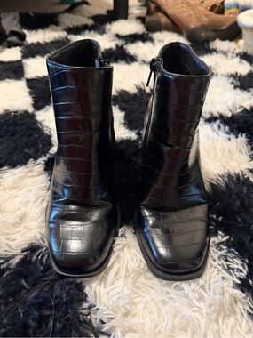 Black Croc-Embossed Square-Toe Ankle Boots